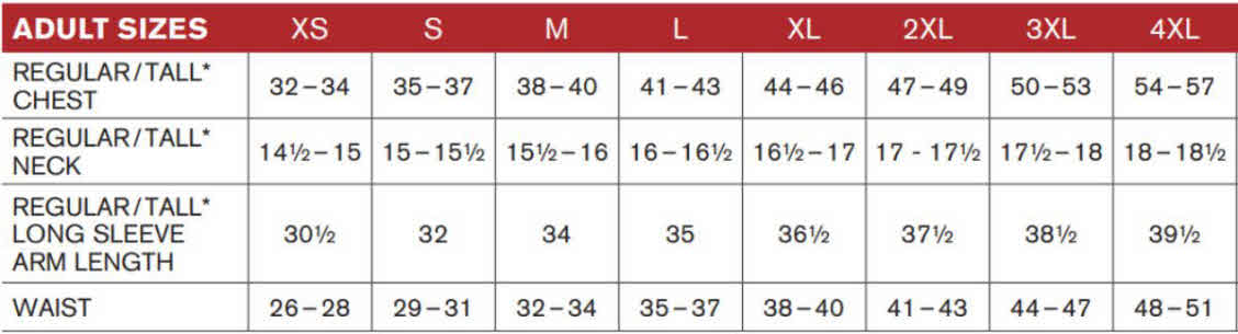 Competitor Tee Men Size Chart