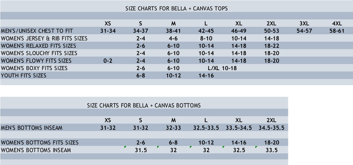 Bella Canvas Size Chart