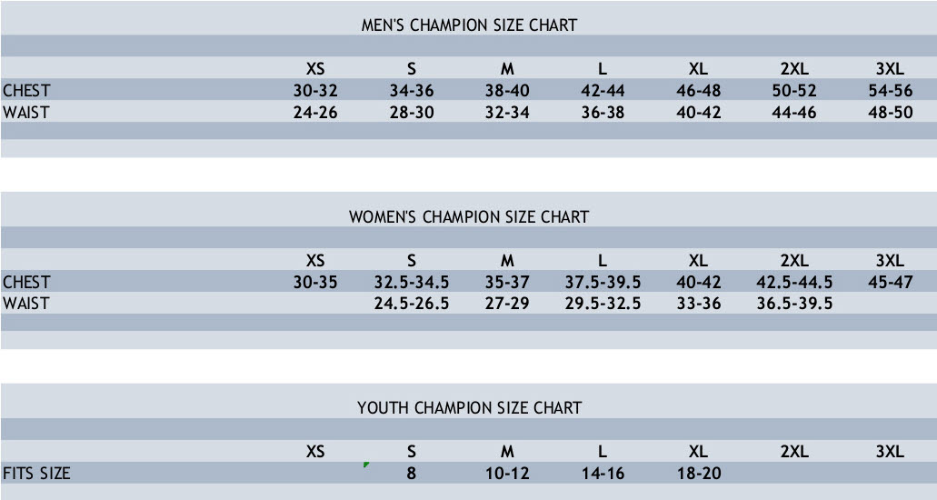 champion jacket size chart