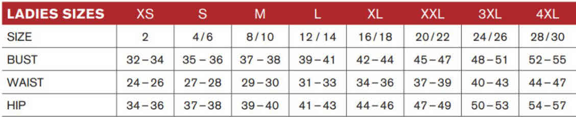 Competitor Tee Size Chart Women